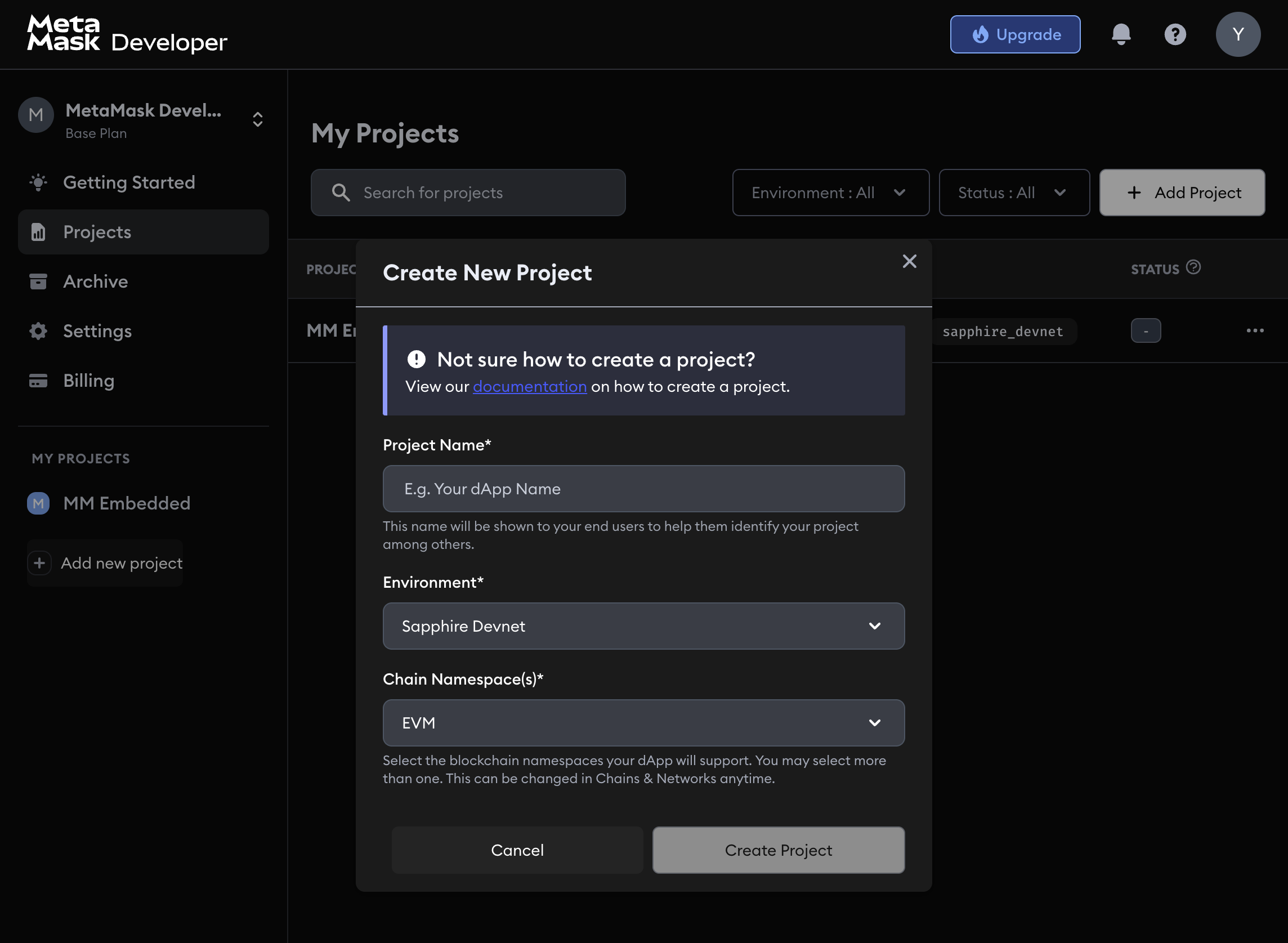 Create new project dialog in MetaMask Developer Dashboard